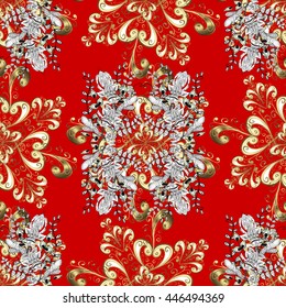 Seamless vintage pattern on red background with golden elements.