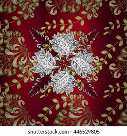 Seamless vintage pattern on red background with golden elements.