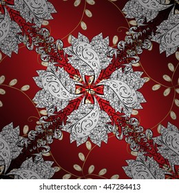 Seamless vintage pattern on red background with golden elements.