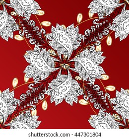 Seamless vintage pattern on red background with golden elements.