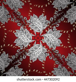 Seamless vintage pattern on red background with golden elements.