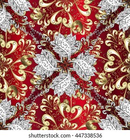 Seamless vintage pattern on red background with golden elements.