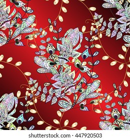 Seamless vintage pattern on red background with golden elements.