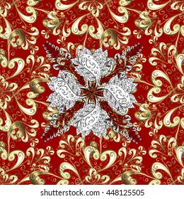 Seamless vintage pattern on red background with golden elements.