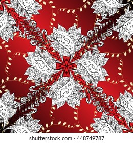 Seamless vintage pattern on red background with golden elements.