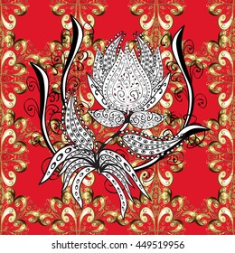 Seamless vintage pattern on red background with golden and white elements