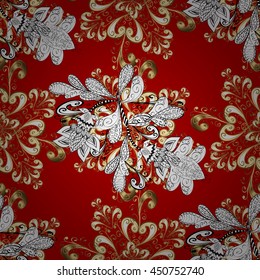 Seamless vintage pattern on red background with golden and white elements