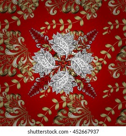 Seamless vintage pattern on red background with golden elements.