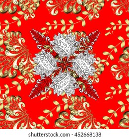 Seamless vintage pattern on red background with golden elements.