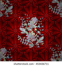 Seamless vintage pattern on red background with colorful elements.