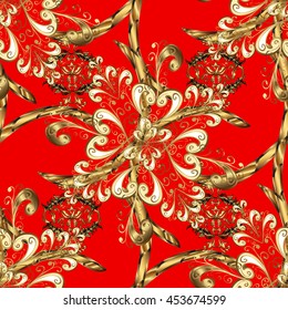 Seamless vintage pattern on red background with golden and white elements