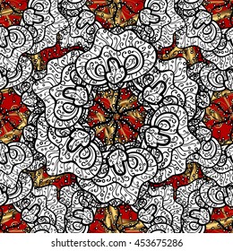 Seamless vintage pattern on red background with golden and white elements