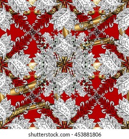 Seamless vintage pattern on red background with golden and white elements