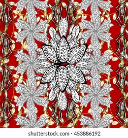 Seamless vintage pattern on red background with golden and white elements