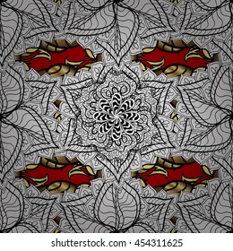 Seamless vintage pattern on red background with golden and white elements