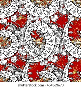 Seamless vintage pattern on red background with golden and white elements