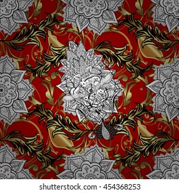 Seamless vintage pattern on red background with golden and white elements
