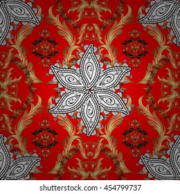 Seamless vintage pattern on red background with golden elements.