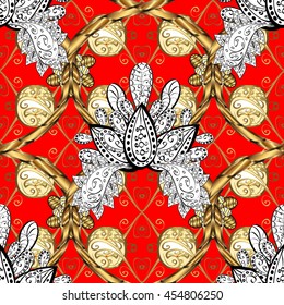 Seamless vintage pattern on red background with golden elements.