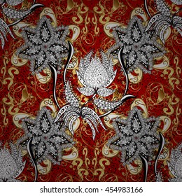 Seamless vintage pattern on red background with golden elements.