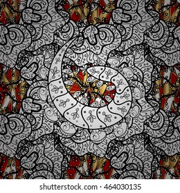 Seamless vintage pattern on red background with golden elements.