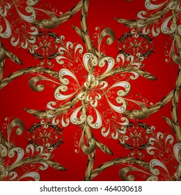 Seamless vintage pattern on red background with golden elements.