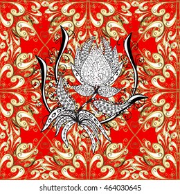 Seamless vintage pattern on red background with golden elements.