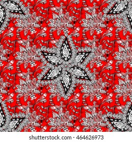 Seamless vintage pattern on red background with white floral elements.