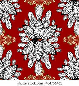 Seamless vintage pattern on red background with golden and white elements