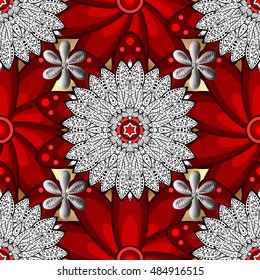 Seamless vintage pattern on red flowers background with white elements