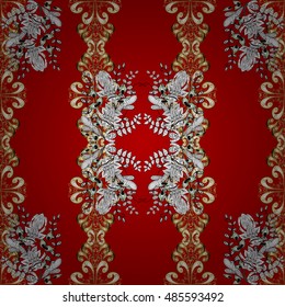 Seamless vintage pattern on red gradient background with golden elements.