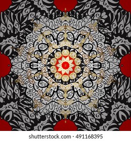 Seamless vintage pattern on red background with golden and white elements