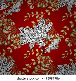 Seamless vintage pattern on red gradient background with golden elements.