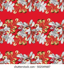 Seamless vintage pattern on red gradient background with golden elements.