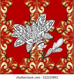 Seamless vintage pattern on red background with golden and white elements