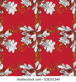 Seamless vintage pattern on red background with golden elements.
