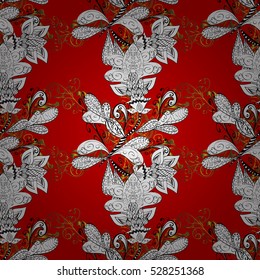 Seamless vintage pattern on red background with golden elements.