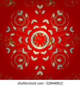 Seamless vintage pattern on red background with golden elements.
