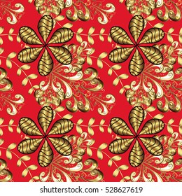 Seamless vintage pattern on red background with golden elements.