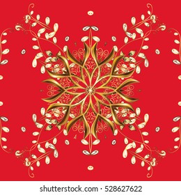 Seamless vintage pattern on red background with golden elements.