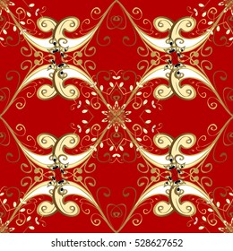 Seamless vintage pattern on red background with golden elements.
