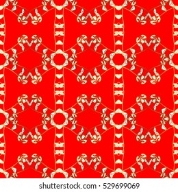 Seamless vintage pattern on red background with golden elements.