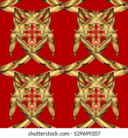 Seamless vintage pattern on red background with golden elements.