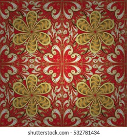 Seamless vintage pattern on red background with golden elements.