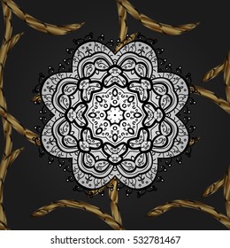 Seamless vintage pattern on red background with golden and white elements. Mandala. Vector.
