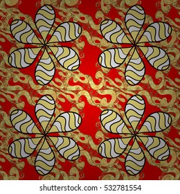 Seamless vintage pattern on red background with golden elements.