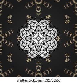 Seamless vintage pattern on red background with golden and white elements. Mandala. Vector.