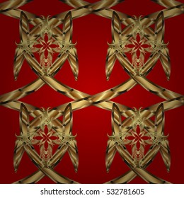 Seamless vintage pattern on red background with golden elements.