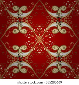 Seamless vintage pattern on red background with golden elements.