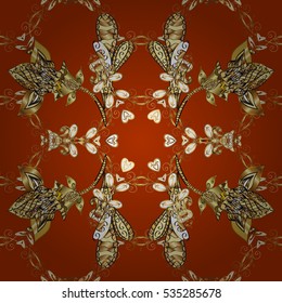 Seamless vintage pattern on red and brown background with golden elements.